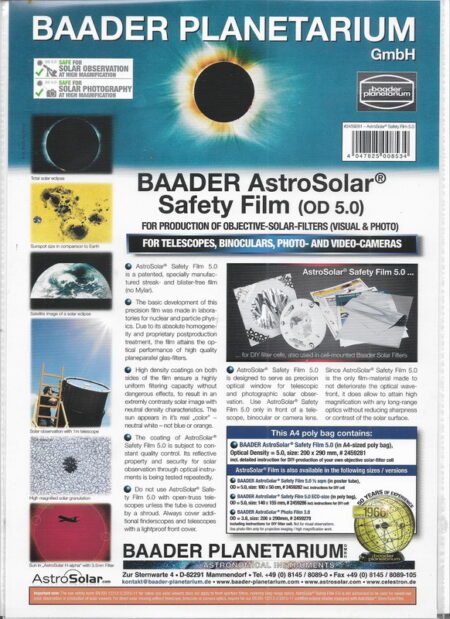 Filtro solar Baader em folha A4